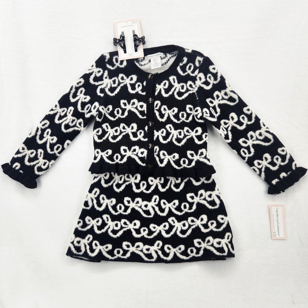 Cupcakes and Cashmere Kids 4T‎ Black White Bow Cardigan Skirt Hair Clip Set 3pc